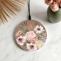 Chic Bohemian Watercolor Boho Florals Monogram Wireless Charger