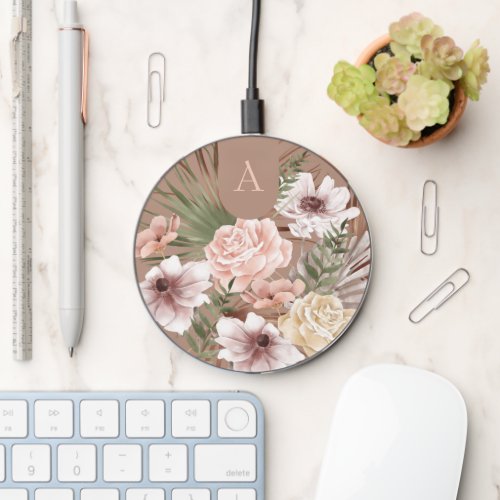 Chic Bohemian Watercolor Boho Florals Monogram Wireless Charger