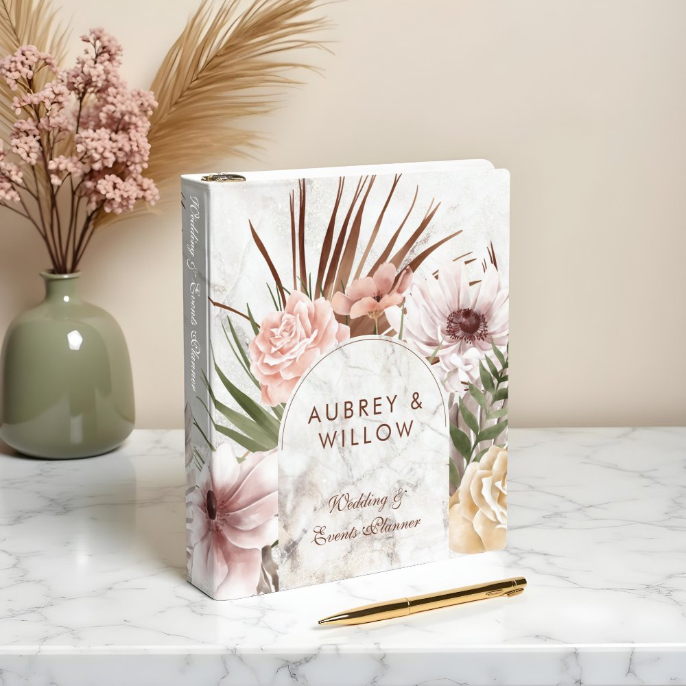 Chic Bohemian Watercolor Florals Photo Wedding 3 Ring Binder