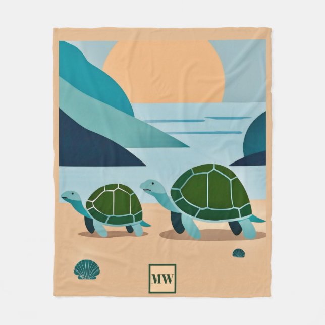 Chic boho abstract sea turtles monogram fleece blanket (Front)