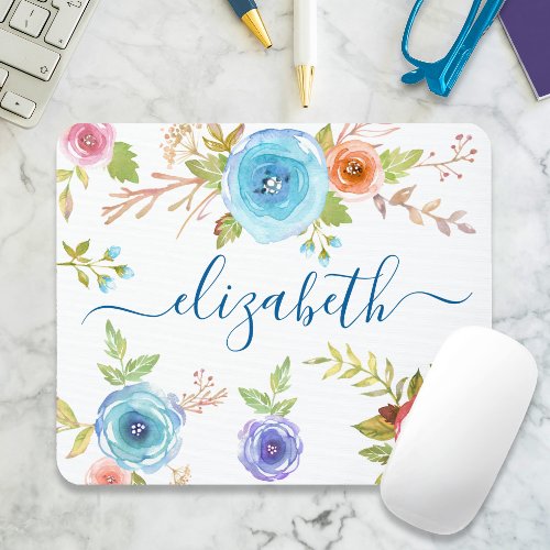 Chic boho blue floral watercolor monogram script mouse pad