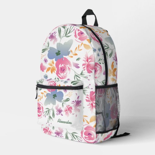Chic Boho Blue Pink Floral Watercolor Custom Name Printed Backpack