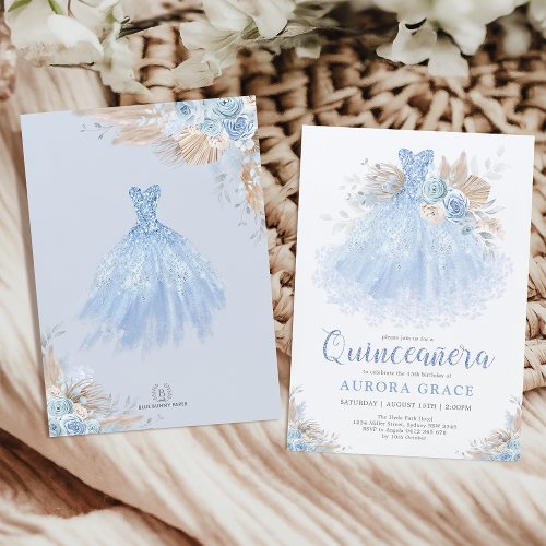 Chic Boho Blue Silver Quinceaera Princess Dress Invitation