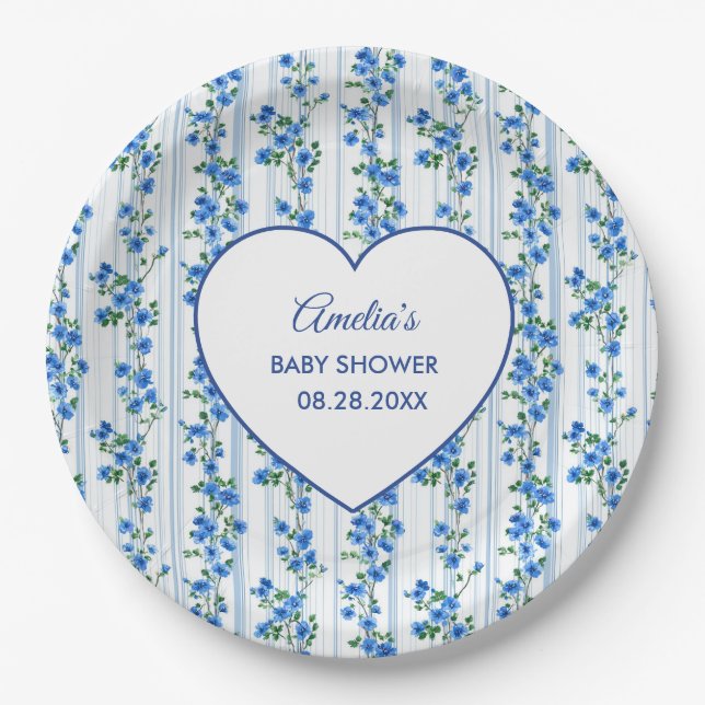 Chic Boho Blue Wildflower Boy floral Baby Shower  Paper Plates (Front)