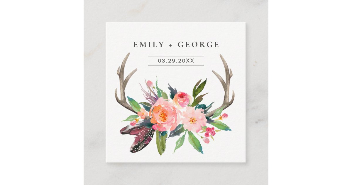 CHIC BOHO BLUSH ANTLER FLORAL WEDDING WEBSITE RSVP SQUARE BUSINESS CARD ...