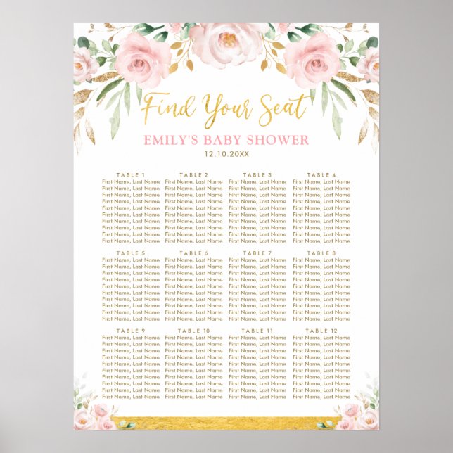 Chic Boho Blush Floral Girl Baby Shower Seating Poster (Front)