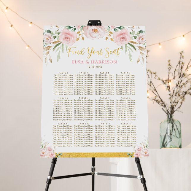 Chic Boho Blush Gold Floral Wedding Seating Chart Foam Board (In Situ (Stand))