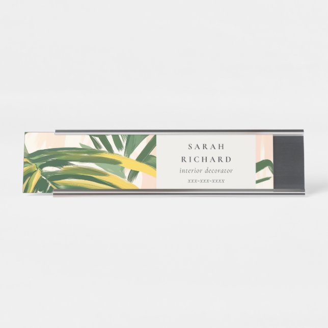 Chic Boho Blush Green Tropical Palm Leaves Beach Desk Name Plate (Front)