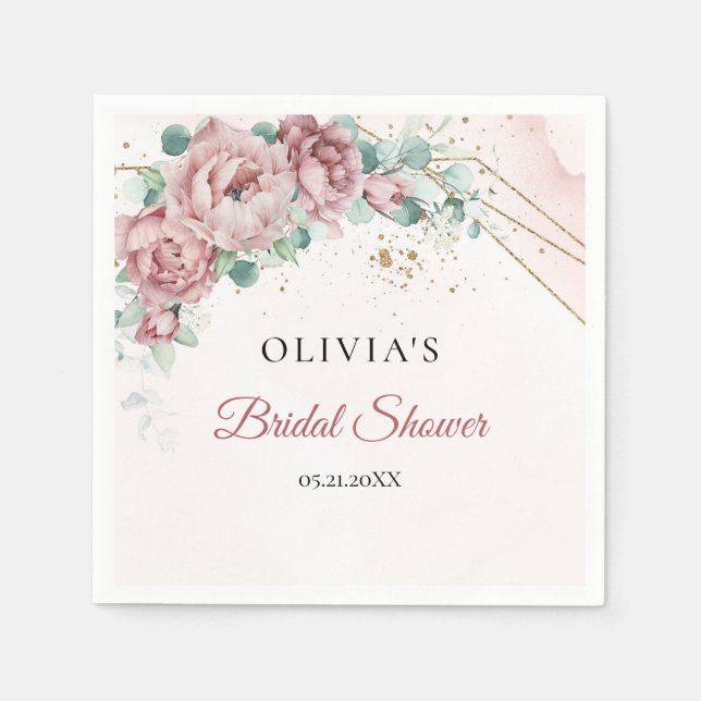 Chic boho blush peonies eucalyptus bridal shower napkins (Front)
