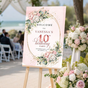 Chic Boho Blush Pink Floral 40th Birthday Welcome Poster