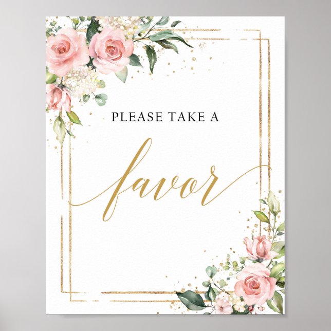 Chic Boho blush pink floral gold frame favor sign (Front)