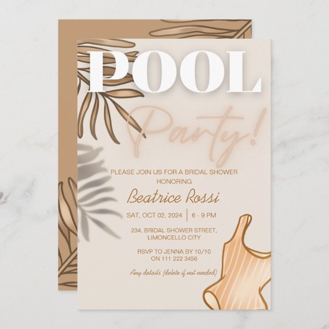 Chic Boho Bridal Shower Beige Pool Party Invitation (Front/Back)