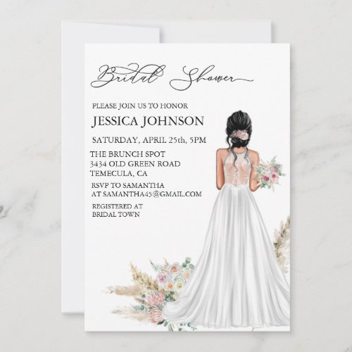 Chic Boho Bridal Shower Wedding Dress Black Hair   Invitation