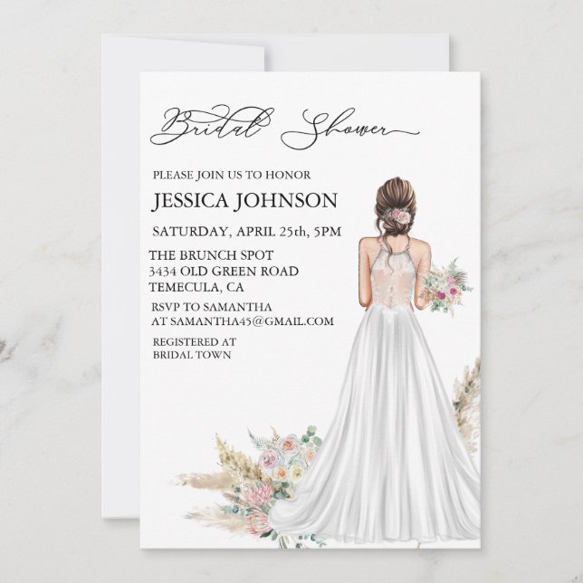 Chic Boho Bridal Shower Wedding Dress Brunette  Invitation (Front)