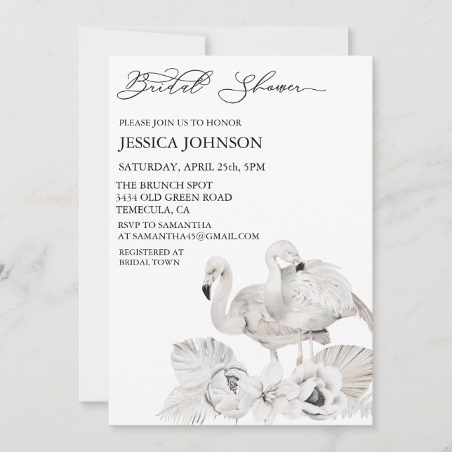 Chic Boho Bridal Shower White Flamingo Tropical Invitation (Front)
