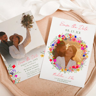 Chic boho bright wild flowers 2 photos wedding  save the date