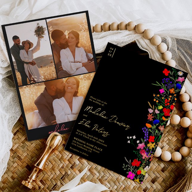 Chic boho bright wild flowers 3 photos wedding foil invitation (Creator Uploaded)