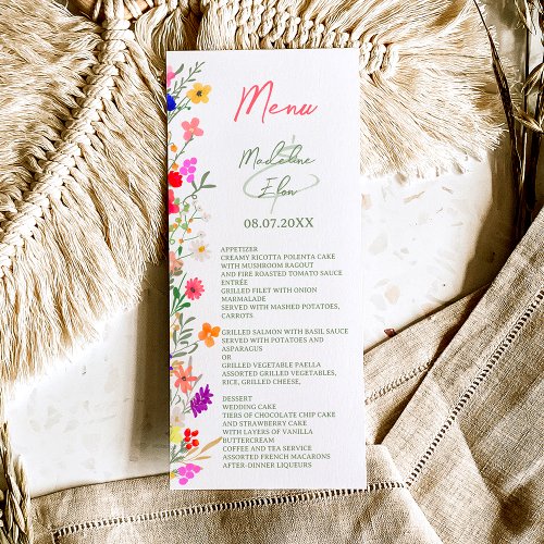 Chic boho bright wild flowers garden wedding  menu