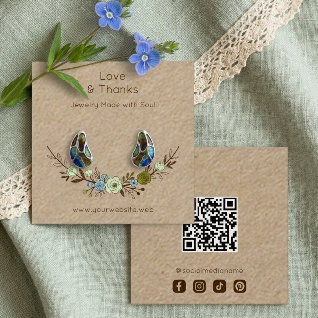 Chic Boho Brown Floral Jewelry Card TMF26 (Rustic Boho Chic Floral Illustration Jewelry Display Card with QR Code and Social Media Icons.)
