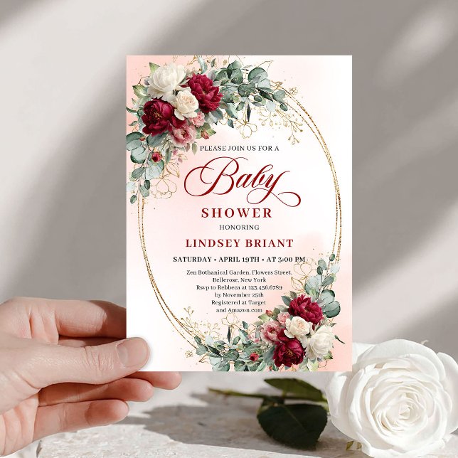 Chic Boho Burgundy and Gold Baby Shower Invite (Chic Boho Burgundy and Gold Baby Shower Invite)