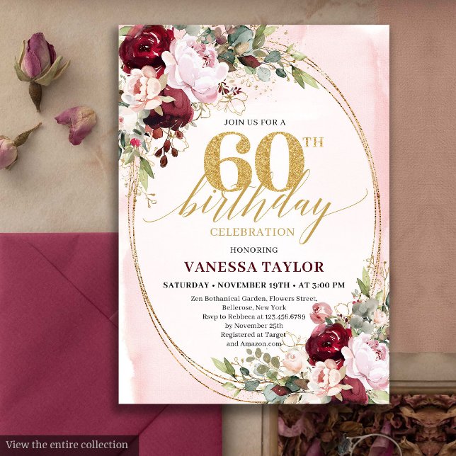 Chic Boho Burgundy Blush Floral 60th Birthday Invitation (Chic Boho Burgundy Blush Floral 60th Birthday)
