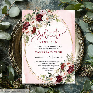 Chic Boho Burgundy Blush Floral Gold Sweet Sixteen Invitation
