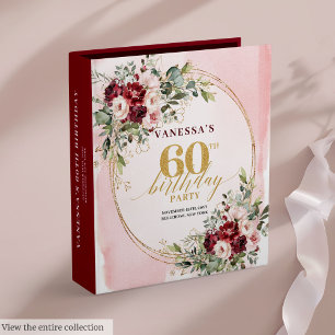 Chic Boho Burgundy Blush Gold Floral 60th Birthday 3 Ring Binder