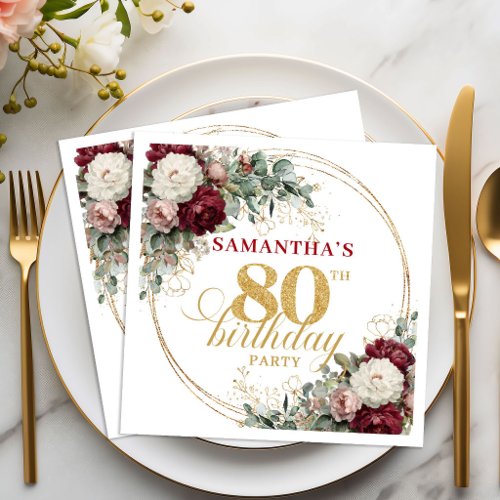 Chic Boho Burgundy Floral Gold 80th Birthda Napkins