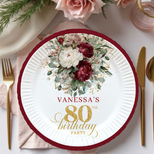 Chic Boho Burgundy Floral Gold 80th Birthday Paper Plates