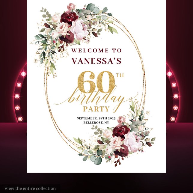 Chic Boho Burgundy Gold Eucalyptus 60th Backdrop (Chic Boho Burgundy Gold Eucalyptus 60th Backdrop)