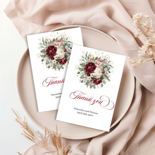 Chic Boho Burgundy Greenery Gold Wedding Thank You Card