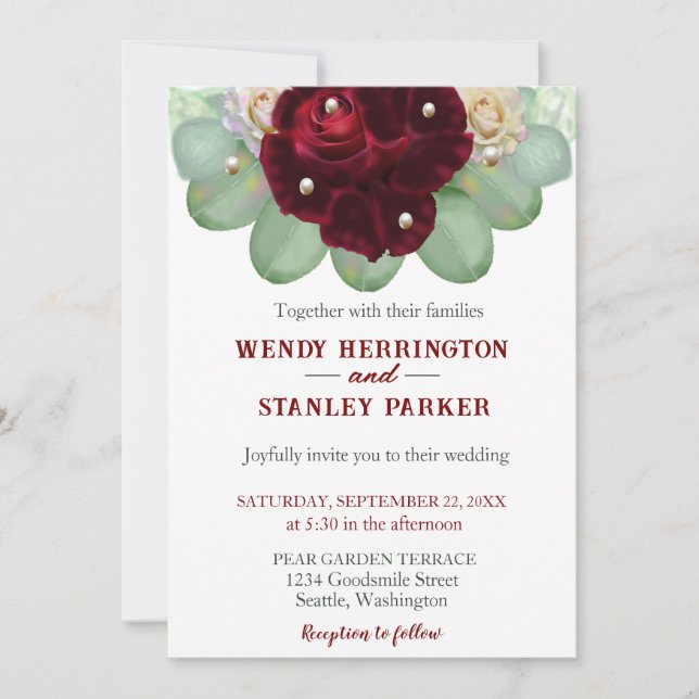 Chic Boho Burgundy Rose Eucalyptus Pearl Wedding Invitation (Front)