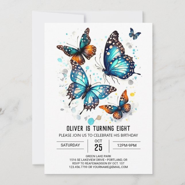 Chic Boho Butterfly Boy Birthday Invitation (Front)