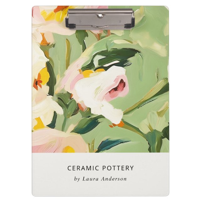 Chic Boho Colorful Green Pink Painted Floral Clipboard (Front)
