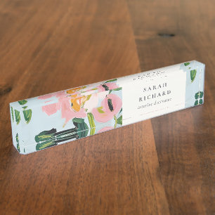Chic Boho Colorful Pink Blue Green Painted Floral Desk Name Plate