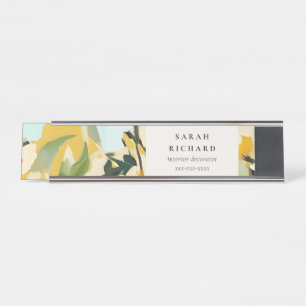 Chic Boho Colorful Yellow Ochre Painted Floral Desk Name Plate