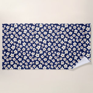 Chic Boho Daisies Dark Blue Pattern Pillow Case Beach Towel