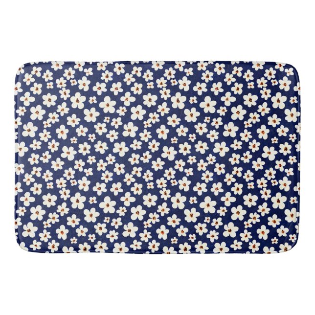 Chic Boho Daisies Dark Blue Pattern Shower Curtain Bath Mat (Front)