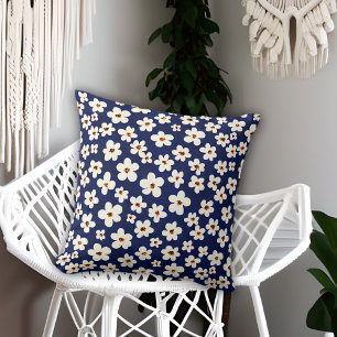 Chic Boho Daisies Dark Blue Pattern Throw Pillow