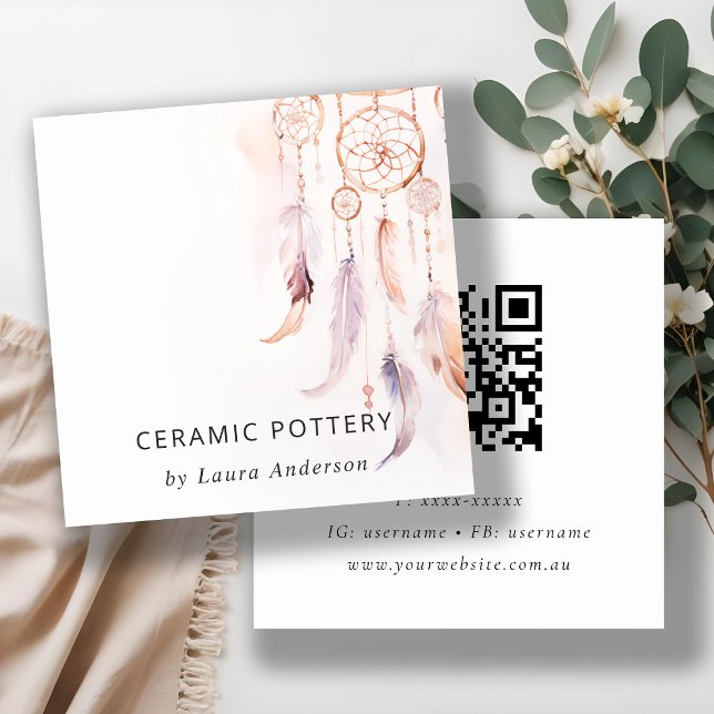 Chic Boho Dreamcatcher Watercolor QR Code Square Business Card (Creator Uploaded)