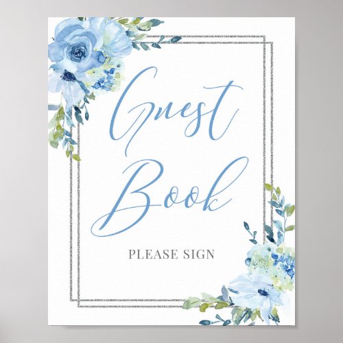 Chic Boho dusty blue floral silver guest book sign