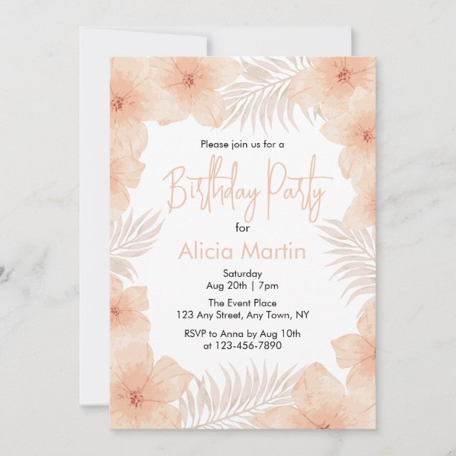 Chic Boho Dusty Blush Flower Palm Leaf Birthday Invitation (Front)