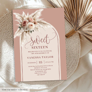Chic Boho Dusty Rose Pampas Floral Arch Sixteen Invitation