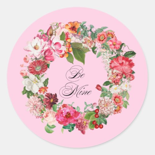 Chic Boho Elegant Vintage Floral Be Mine Valentine Classic Round Sticker