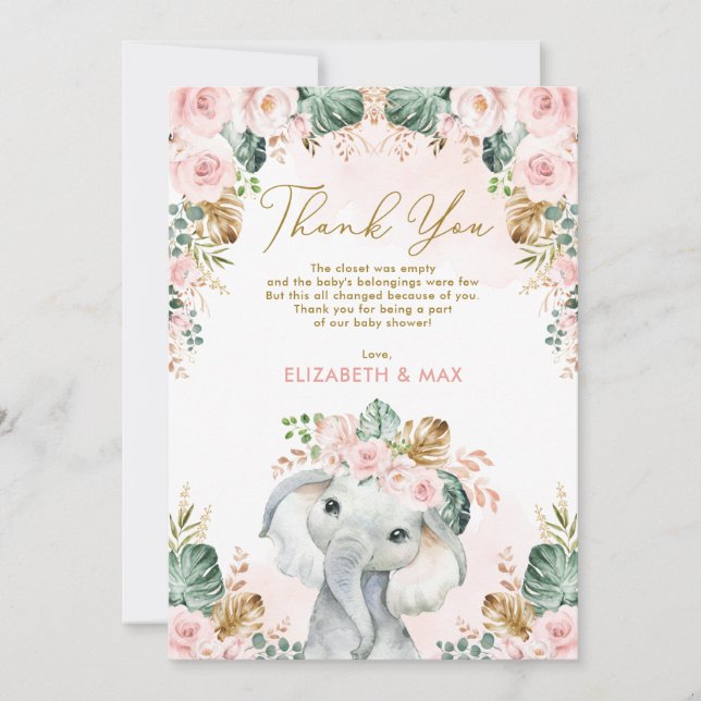 Chic Boho Elephant Blush Pink Floral Baby Shower Thank You Card (Front)