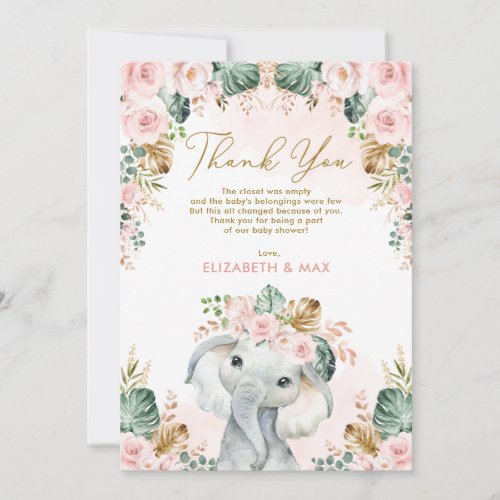 Chic Boho Elephant Blush Pink Floral Baby Shower Thank You Card