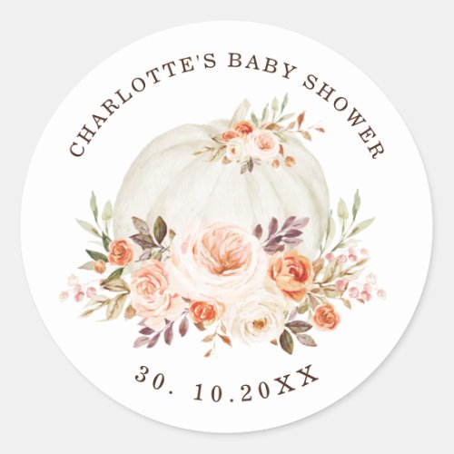 Chic Boho Fall Floral Pumpkin Baby Shower Favors Classic Round Sticker