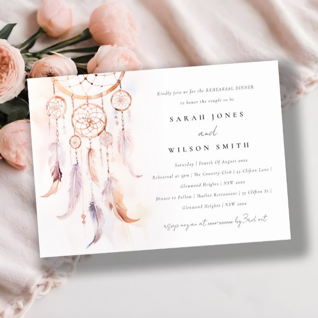 Chic Boho Feather Dreamcatcher Rehearsal Dinner Invitation (Creator Uploaded)
