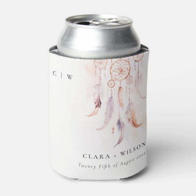 Chic Boho Feather Dreamcatcher Watercolor Wedding Can Cooler (Can Front)