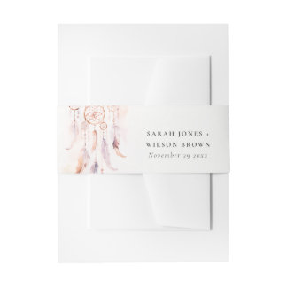 Chic Boho Feather Dreamcatcher Watercolor Wedding Invitation Belly Band